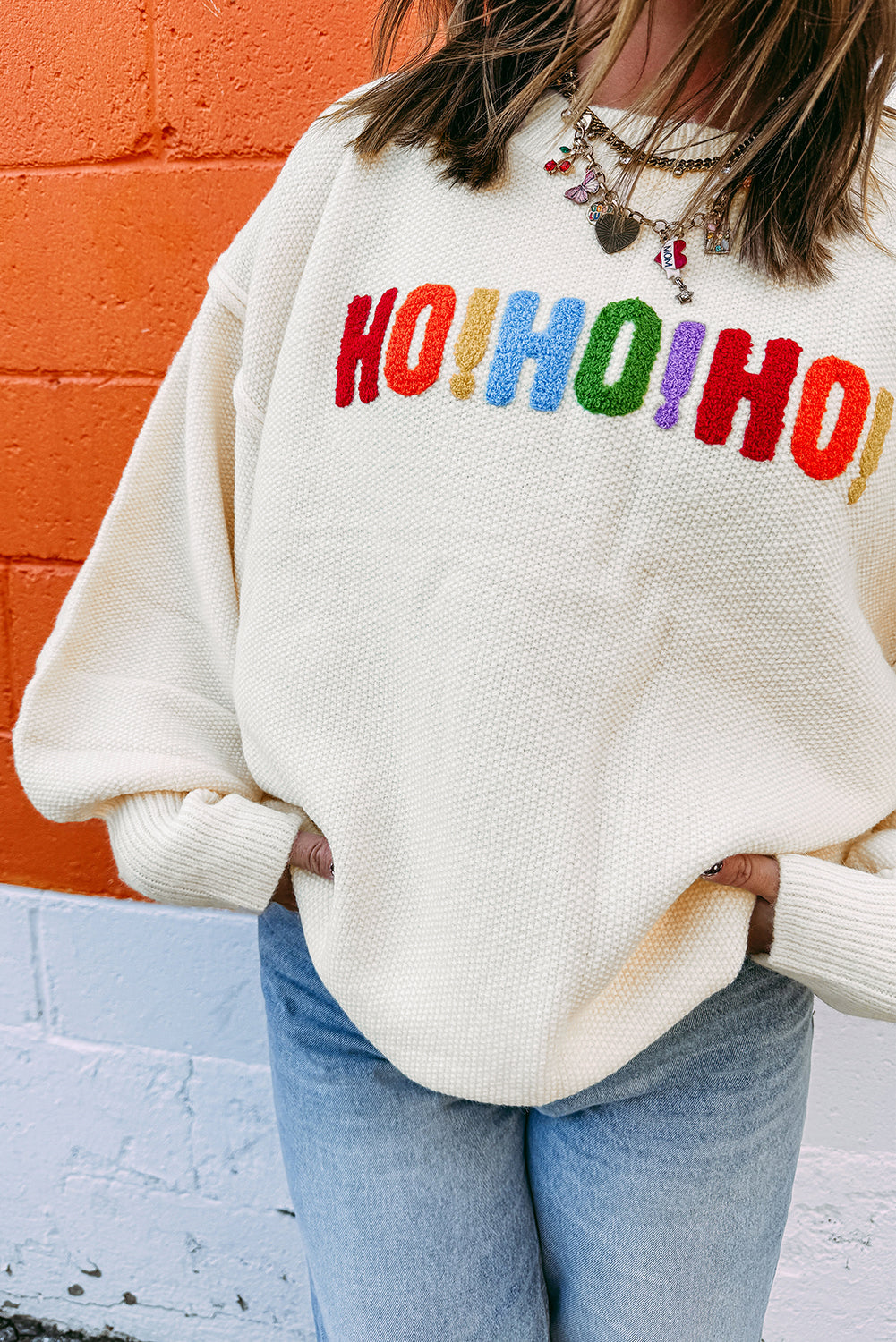 White HOHOHO MERRY CHRISTMAS Chenille Graphic Drop Shoulder Holiday Sweater