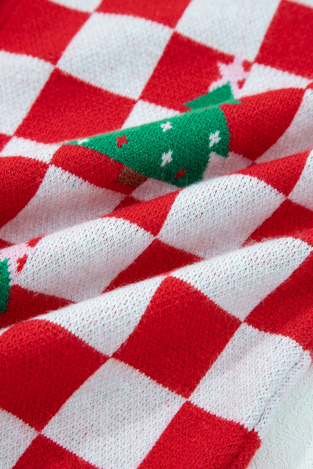 Red Checkered Christmas Tree Pattern Button V Neck Cardigan Sweater