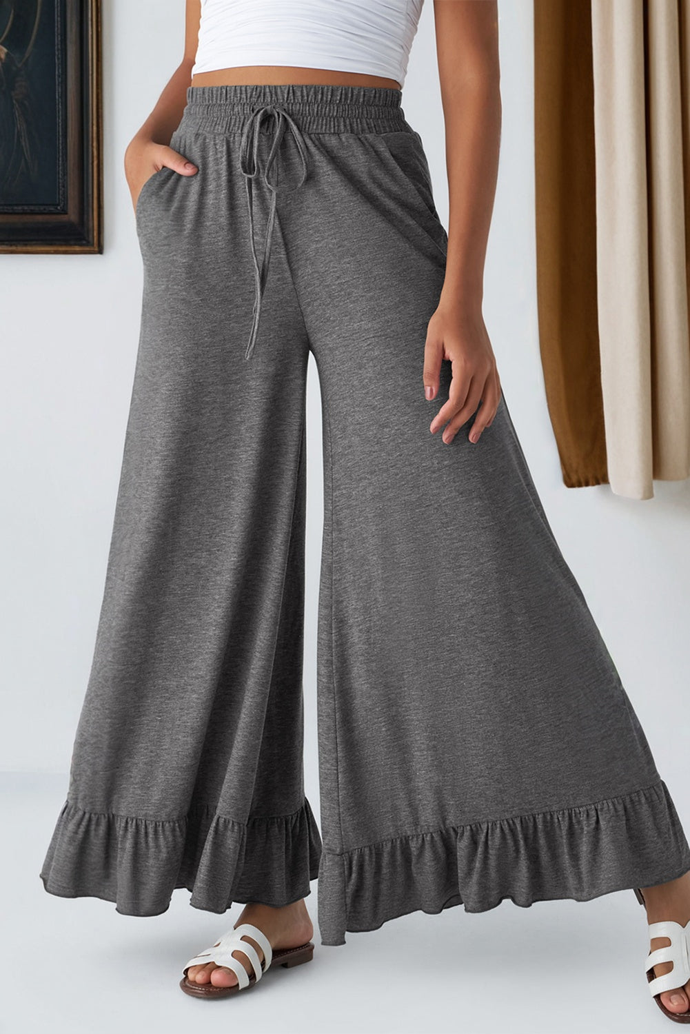 Medium Grey Ruffled Wide Leg Pull On High Waist Pants with Pockets