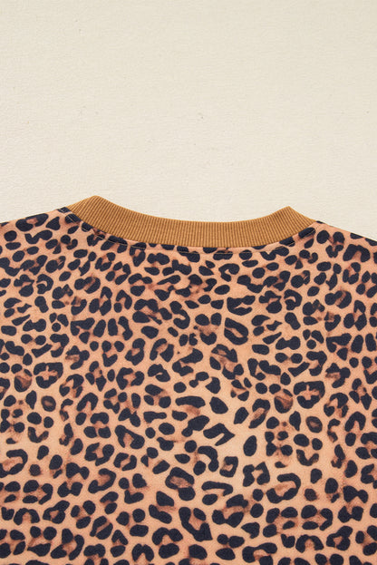 Khaki Leopard Pullover and Pants 2pcs Outfit with Bow Embroidery