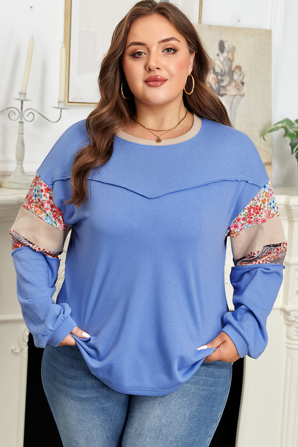 Blue Exposed Seam Floral Mixed Patchwork Relaxed Plus Size Sweatshirt