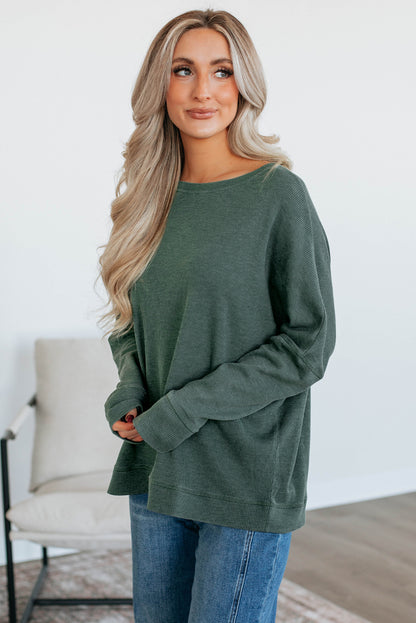 Mist Green Waffle Knit Patchwork Long Sleeve Loose Top
