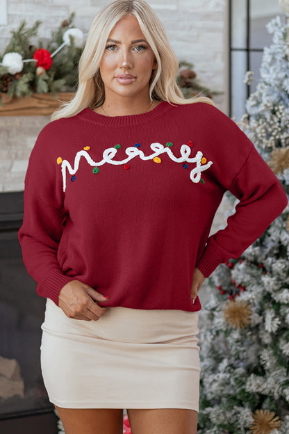 Racing Red Merry Colorful Dot Detail Christmas Drop Shoulder Sweater