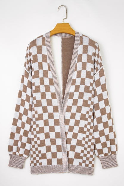 Brown Plus Size Checkered Bubble Sleeve Drop Shoulder Open Cardigan