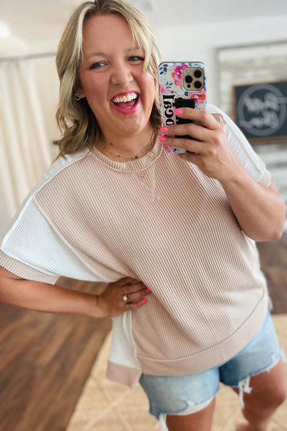 Parchment Twist Rib Colorblock Hi Low Plus Size Short Sleeve Top