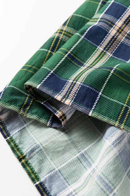 Green Plus Size Plaid Long Sleeve Notched Neck Shift Mini Dress