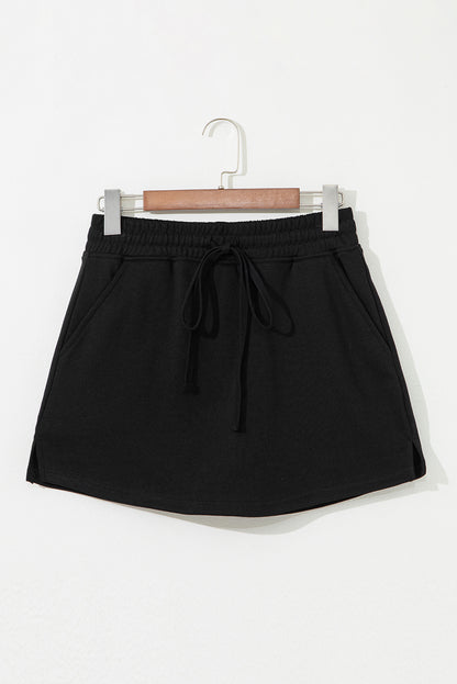 Black French Terry Drawstring Elastic Waistband Mini Skort with Pockets