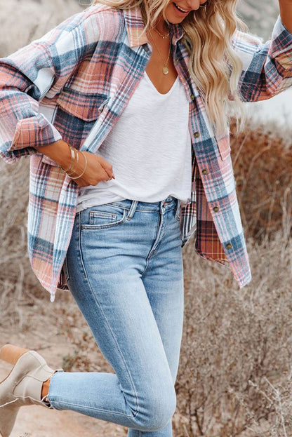 Pink Plaid Flap Pockets Shacket