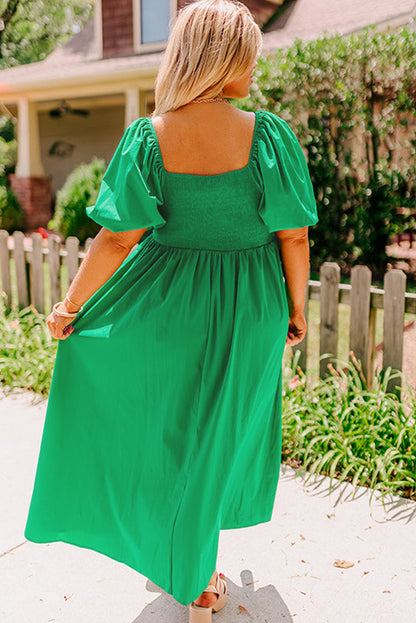 Bright Green Ruched Front Puff Sleeve Plus Size Long Dress