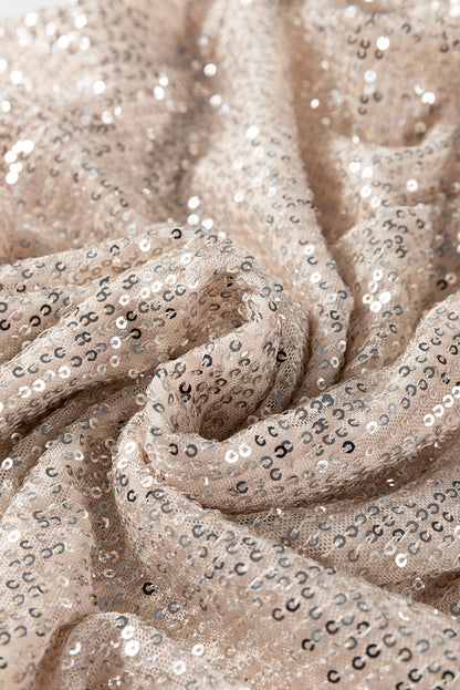 Jet Stream Sequin Mock Neck Drape Open Back Bell Sleeve Top