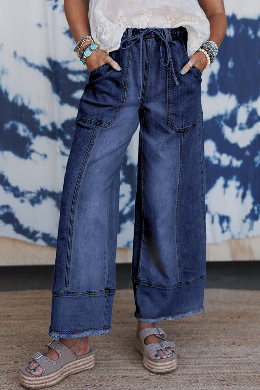 Prussian Blue Drawstring Seam Detail Raw Hem Wide Leg Denim Pants