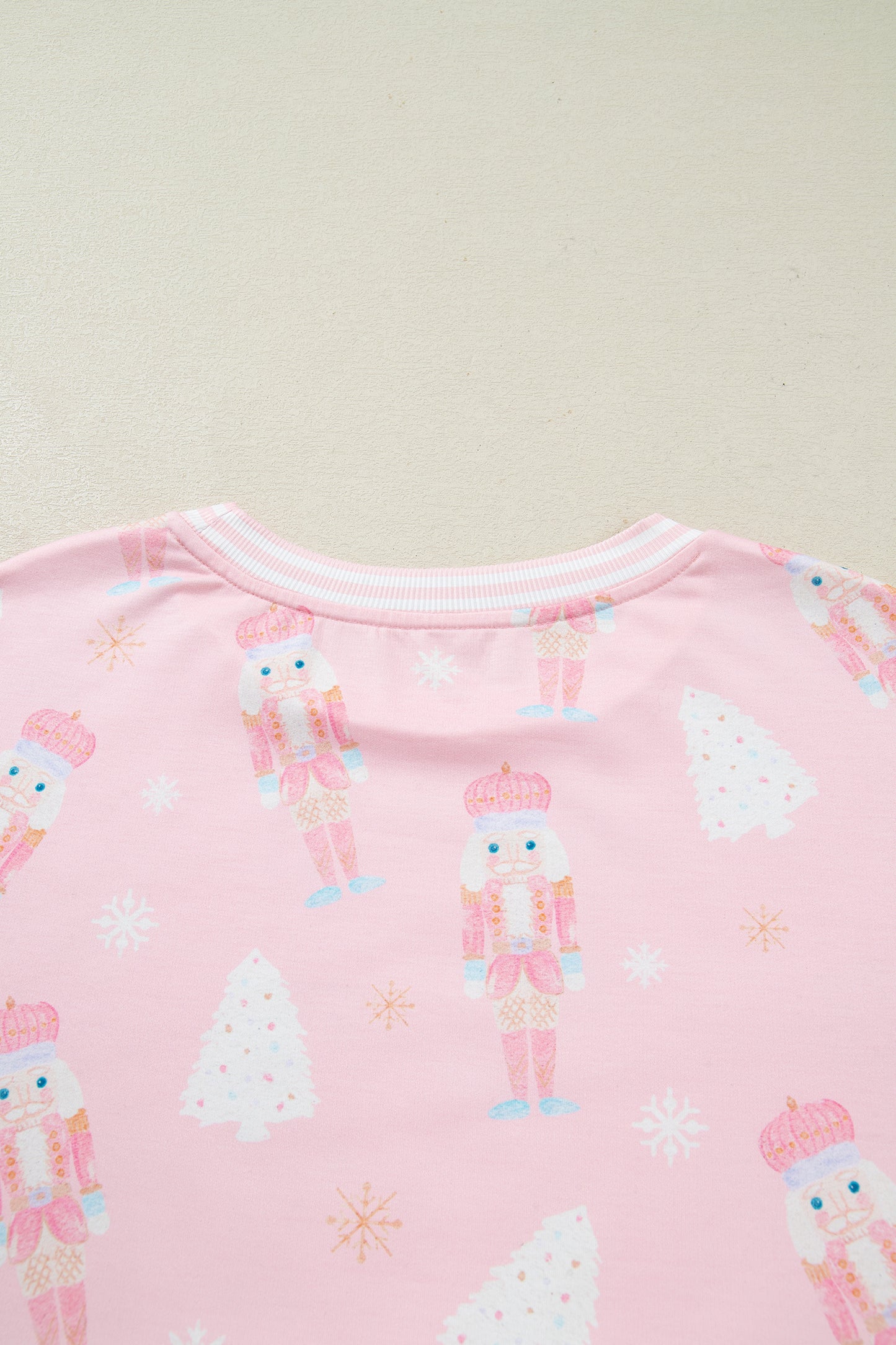 Pink Christmas Tree Nutcracker Doll Print Contrast Trim Long Sleeve Top Matching Shorts Set