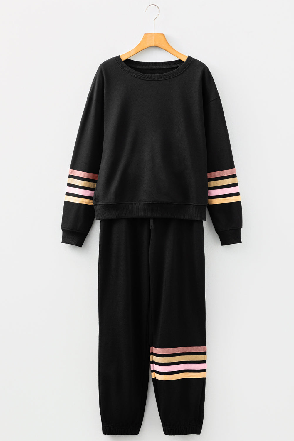 Black Striped Drop Shoulder Round Neck Pullover and Jogger Pants Active Outfit