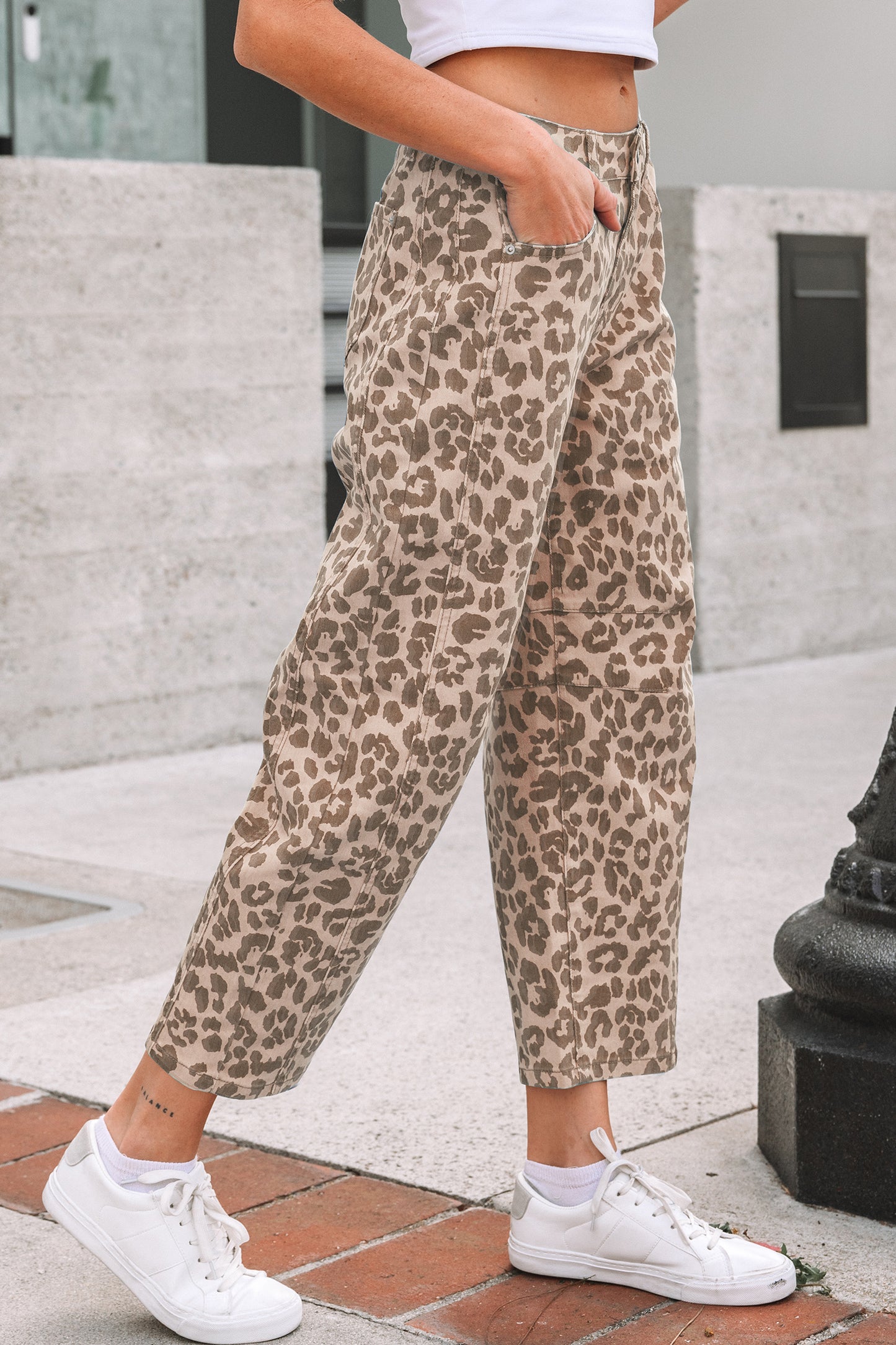 Khaki Leopard Print Straight Loose Jeans