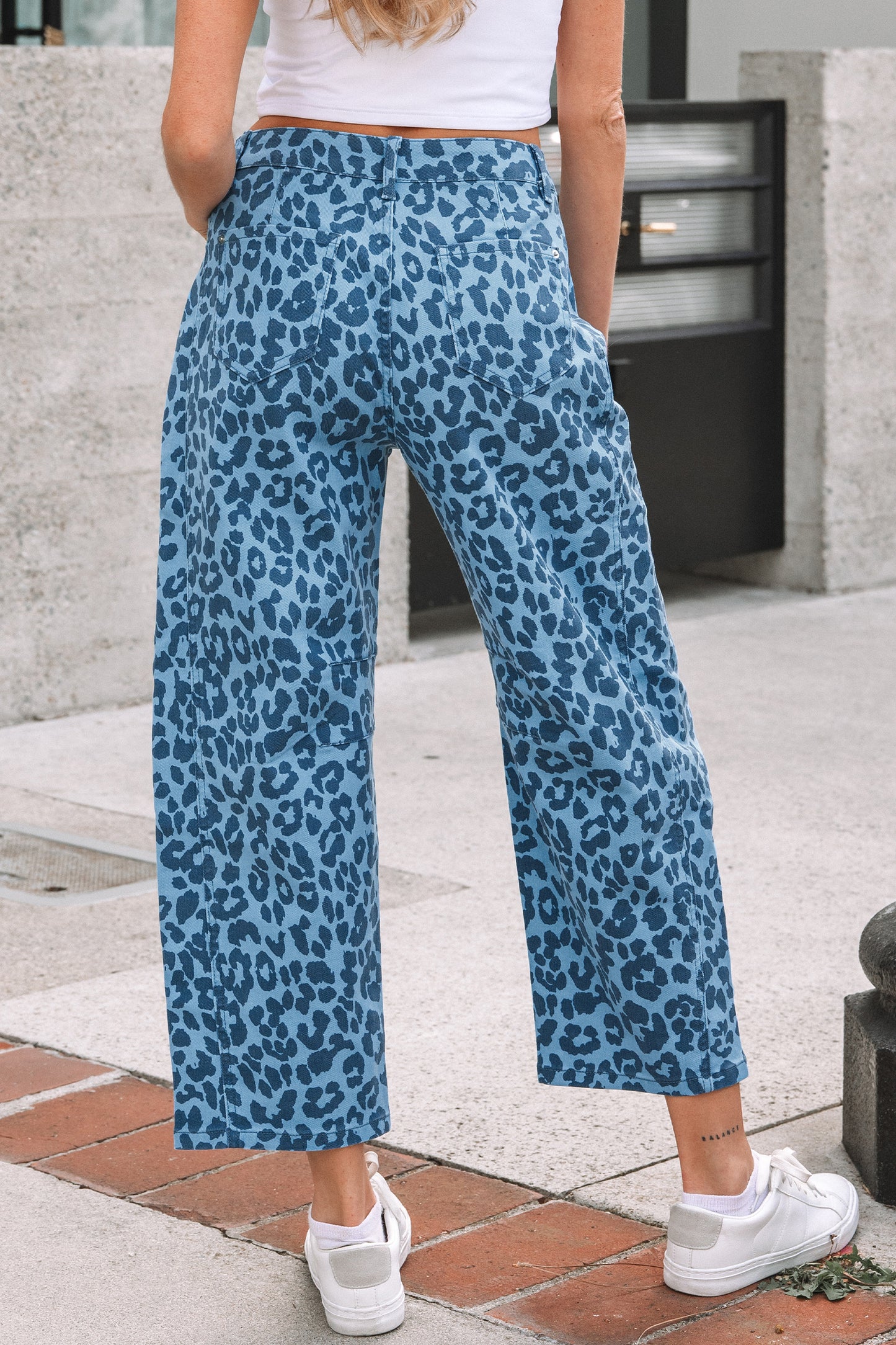 Sky Blue Leopard Print Straight Loose Jeans