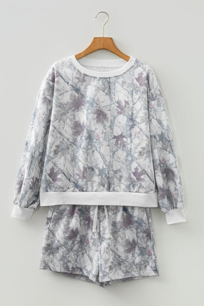 Light Grey Abstract Woodland Camo Print Baggy Pullover Drawstring Shorts Set