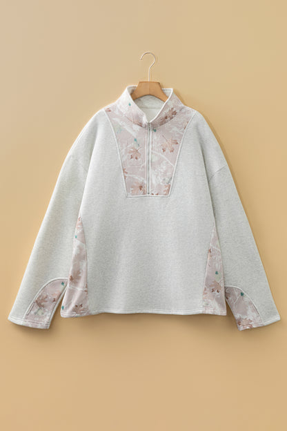 Gray Camo Leaves Patchwork Zipped Collar Pullover Plus Size Sweatshirt