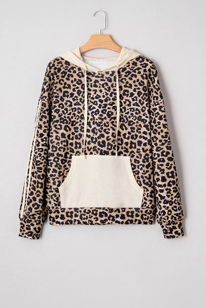 Leopard Print Waffle Contrast Kangaroo Pocket Hooded Sweatshirt