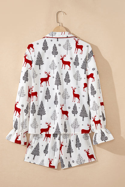 White Christmas Fashion Print Velvet Trim Bow Knot Pajama 2pcs Short Set