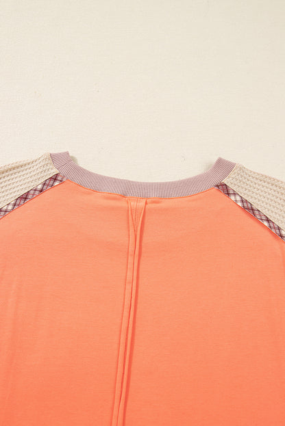 Grapefruit Orange Plaid Flower Waffle Patched Plus Size 3/4 Sleeve Top