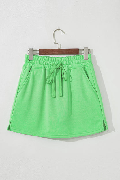 Light Green French Terry Drawstring Elastic Waistband Mini Skort with Pockets
