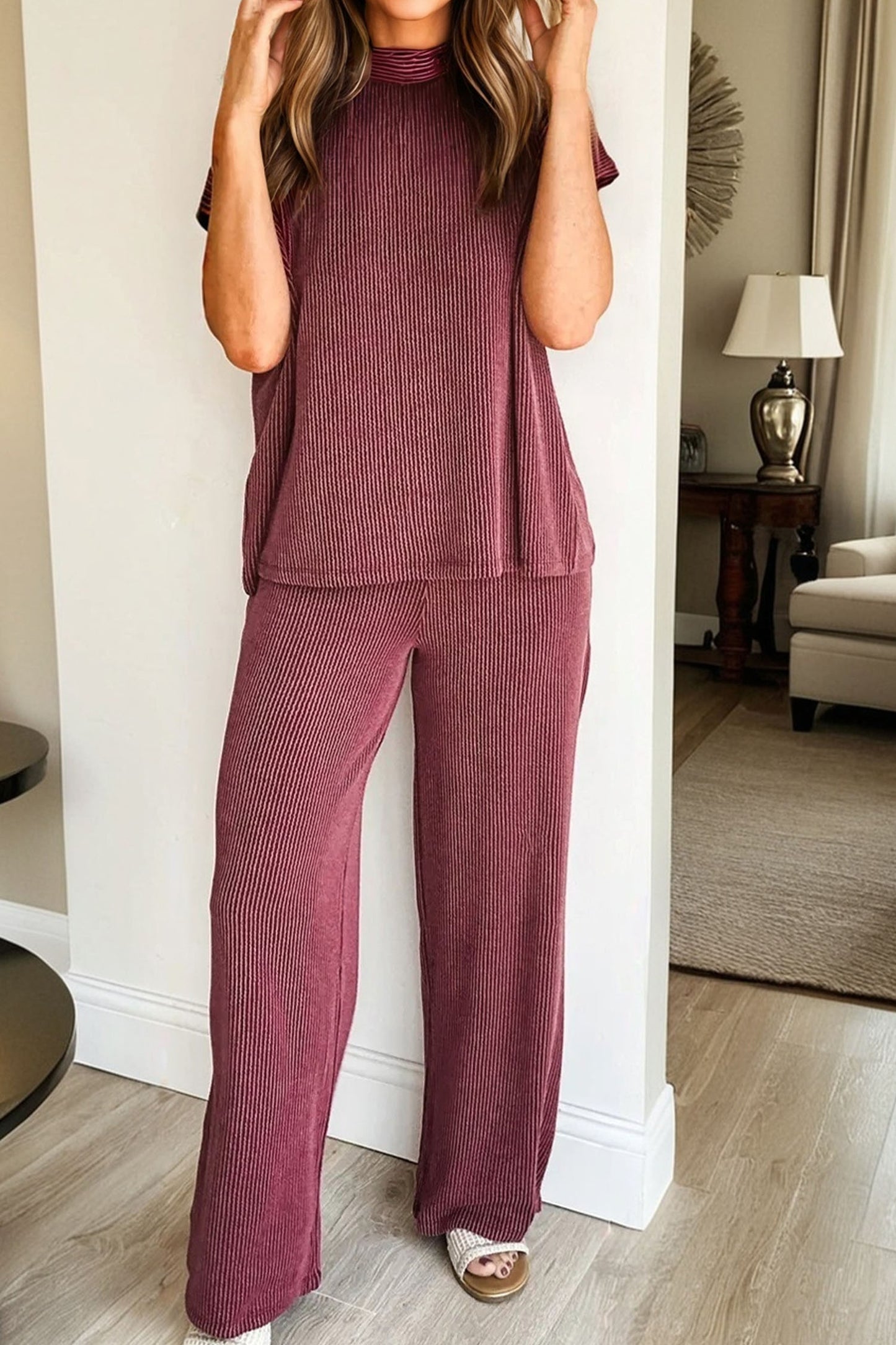 Burgundy Twisted Ribbed High Neck Loose Tee Elastic High Waist Loose Pant Set