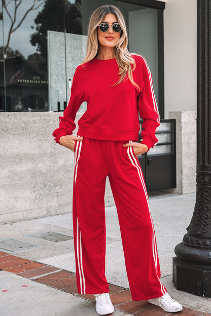 Fiery Red Varsity Striped Detail Crewneck Pullover Elastic Sweatpants 2pcs Outfit