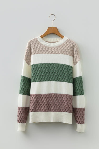 Green Mixed Texture Knit Striped Color Block Loose Sweater