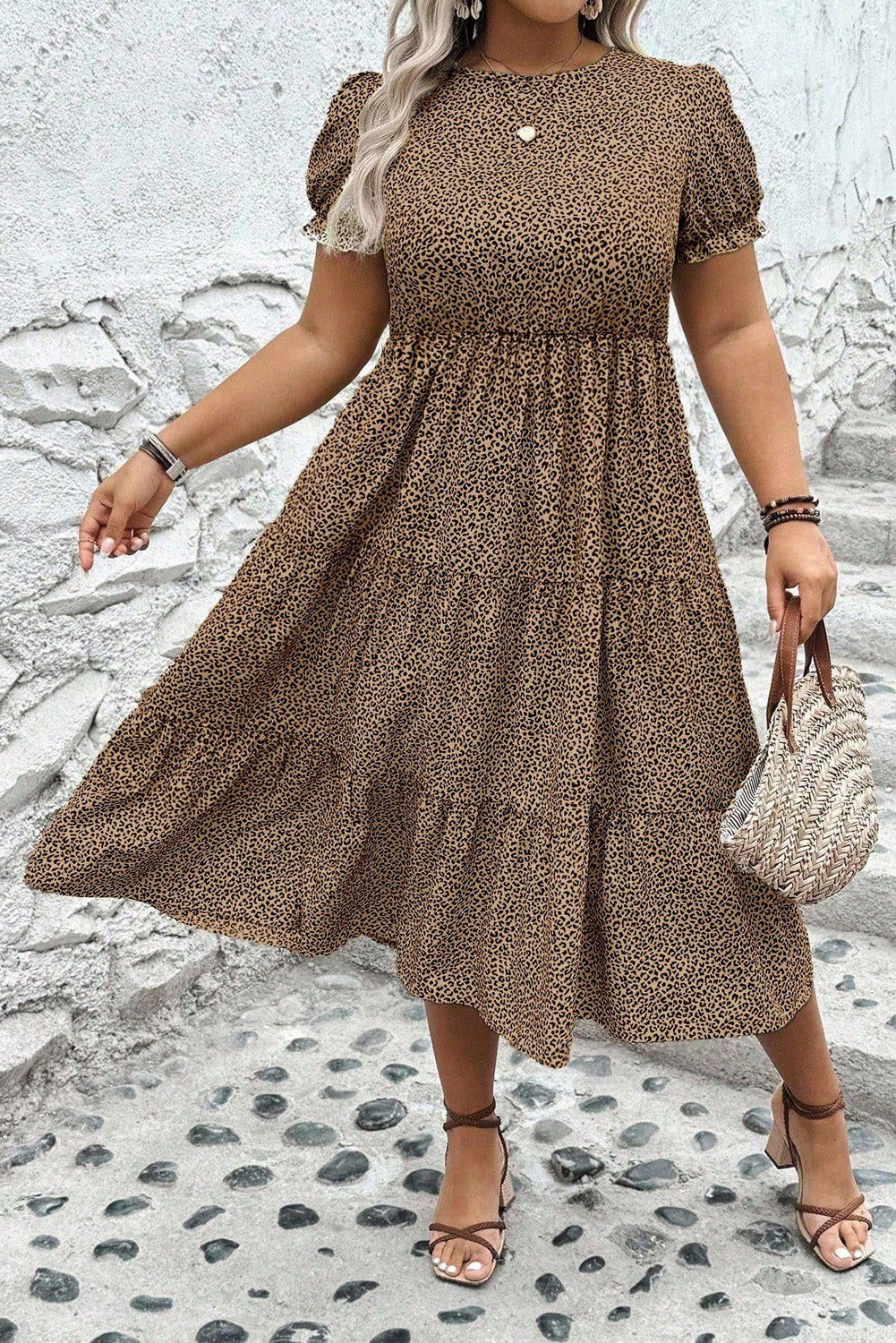 Brown Plus Size Leopard Print Frill Trim Short Sleeve Flared Dress