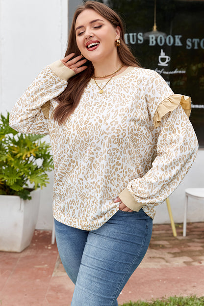 Khaki Plus Size Ruffled Arm Leopard Sweatshirt