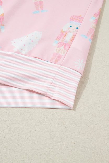 Pink Christmas Tree Nutcracker Doll Print Contrast Trim Long Sleeve Top Matching Shorts Set