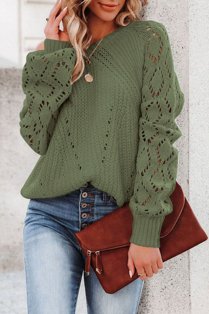 Green Hollow-out Puffy Sleeve Knit Sweater