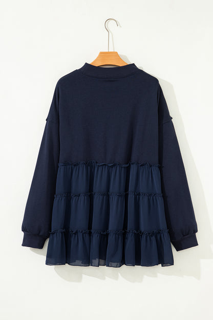 Navy Blue Tiered Ruffle Ribbed Crew Neck Pullover Plus Size Top