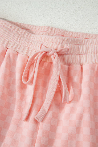 Pink Checkerboard Long Sleeve Pullover and Shorts Set