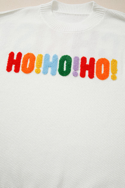 White HOHOHO MERRY CHRISTMAS Chenille Graphic Drop Shoulder Holiday Sweater