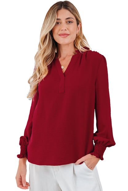 Burgundy Notched Neck Shirred Cuff Long Sleeve Blouse