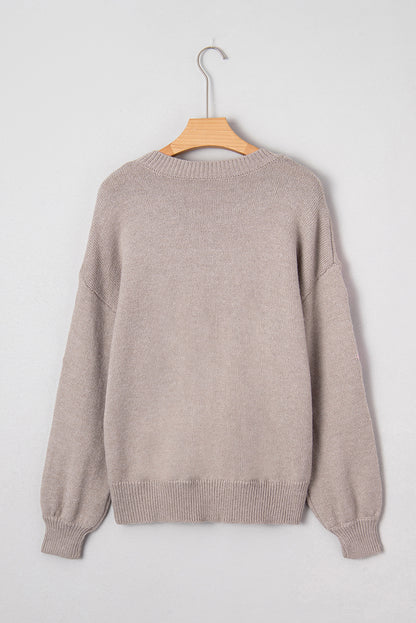 Simply Taupe Embroidered Floral Sleeve Round Neck Loose Sweater
